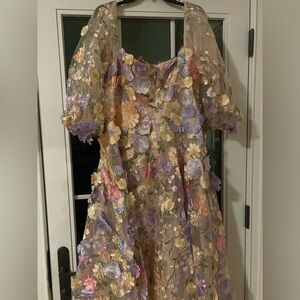 Floral Embroidered Midi Dress in Nude with Pastel Flowers